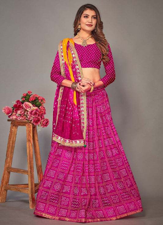 A Line Lehenga Tafeta Silk Rani Bandhej Lehenga Choli