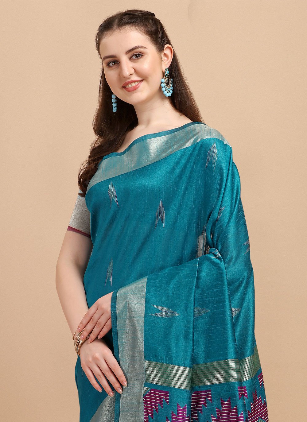 Classic Banglori Silk Raw Silk Turquoise Sequins Saree