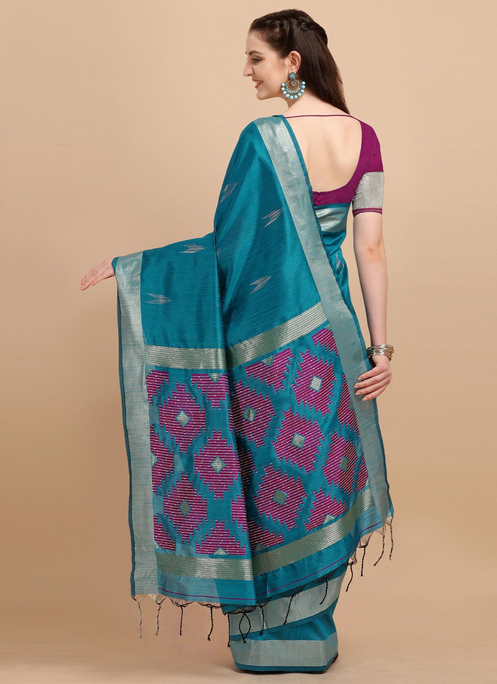 Classic Banglori Silk Raw Silk Turquoise Sequins Saree