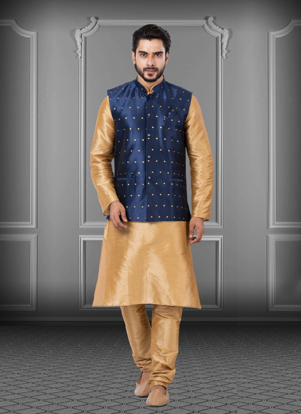 Kurta Payjama With Jacket Dupion Silk Malbari Silk Beige Blue Fancy Work Mens