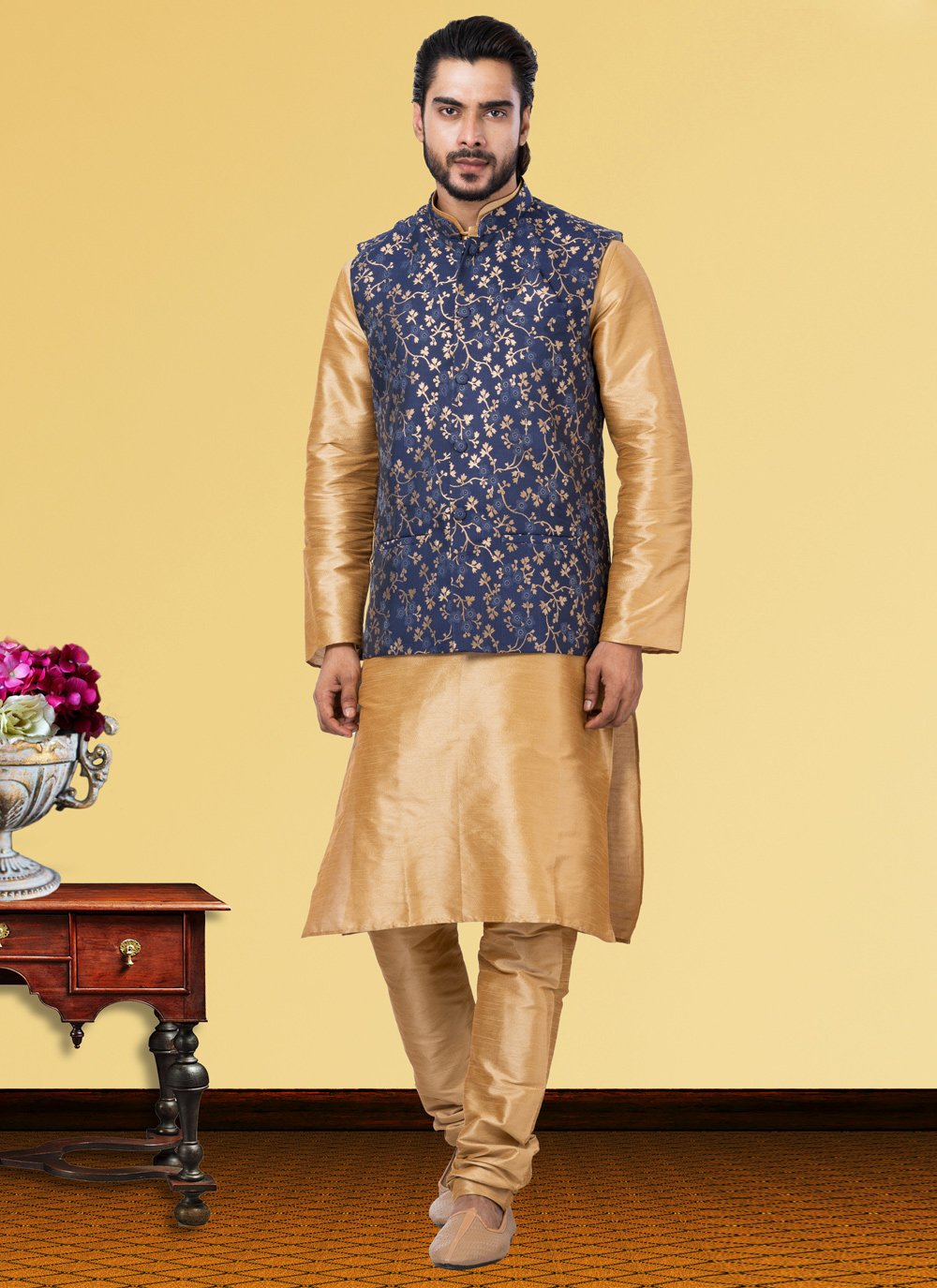 Kurta Payjama With Jacket Dupion Silk Beige Blue Jacquard Work Mens