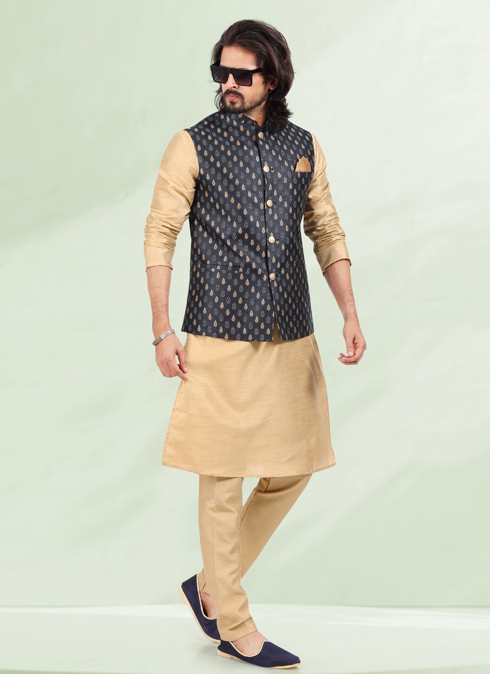 Kurta Payjama With Jacket Banarasi Silk Jacquard Beige Blue Jacquard Work Mens