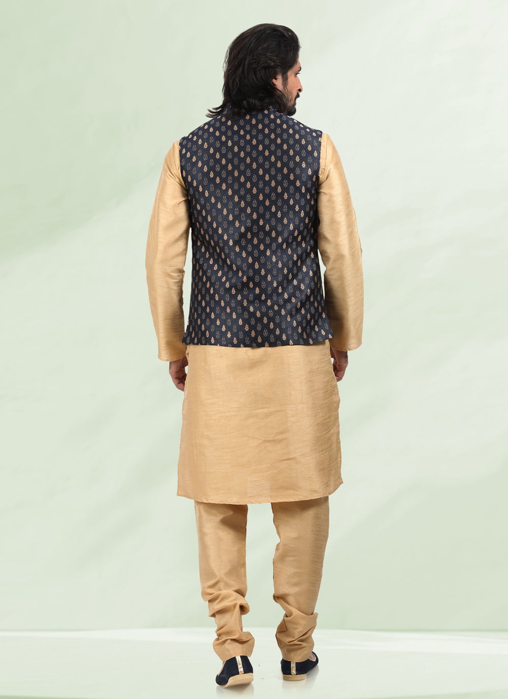 Kurta Payjama With Jacket Banarasi Silk Jacquard Beige Blue Jacquard Work Mens