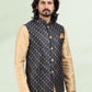 Kurta Payjama With Jacket Banarasi Silk Jacquard Beige Blue Jacquard Work Mens