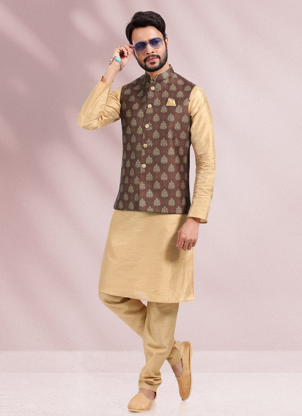 Kurta Payjama With Jacket Banarasi Silk Beige Brown Print Mens