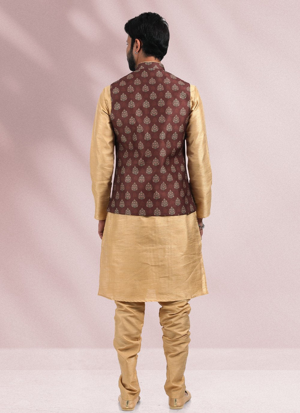 Kurta Payjama With Jacket Banarasi Silk Beige Brown Print Mens