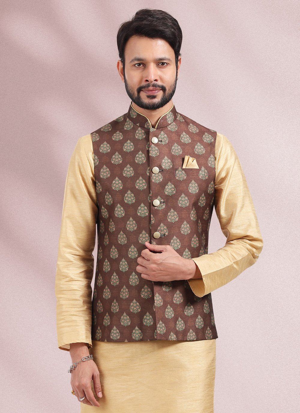 Kurta Payjama With Jacket Banarasi Silk Beige Brown Print Mens