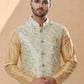 Kurta Payjama With Jacket Banarasi Silk Dupion Silk Beige Cream Jacquard Work Mens