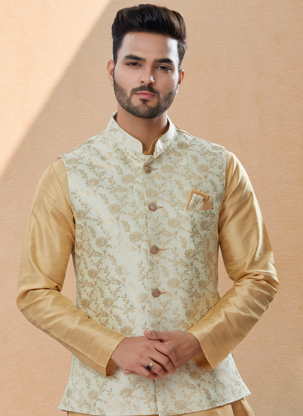 Kurta Payjama With Jacket Banarasi Silk Dupion Silk Beige Cream Jacquard Work Mens