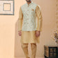 Kurta Payjama With Jacket Banarasi Silk Dupion Silk Beige Cream Jacquard Work Mens
