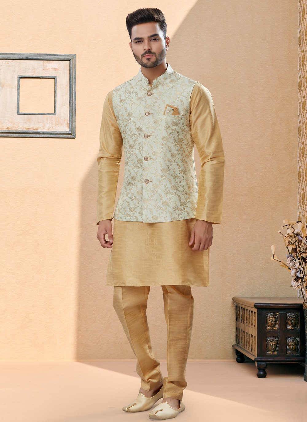 Kurta Payjama With Jacket Banarasi Silk Dupion Silk Beige Cream Jacquard Work Mens