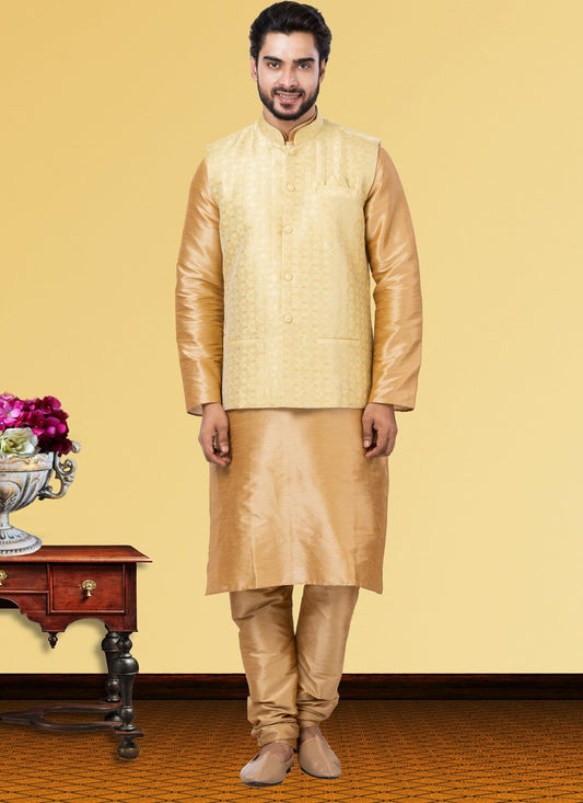 Kurta Payjama With Jacket Dupion Silk Beige Gold Jacquard Work Mens