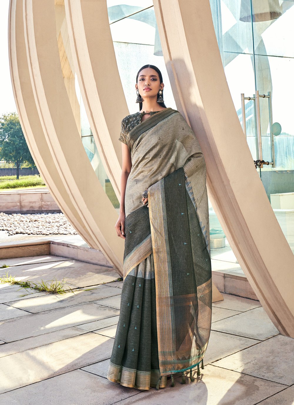 Classic Silk Beige Green Digital Print Saree