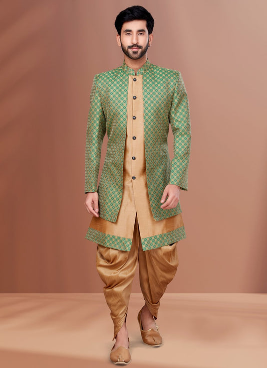 Indo Western Dupion Silk Jacquard Beige Green Embroidered Mens