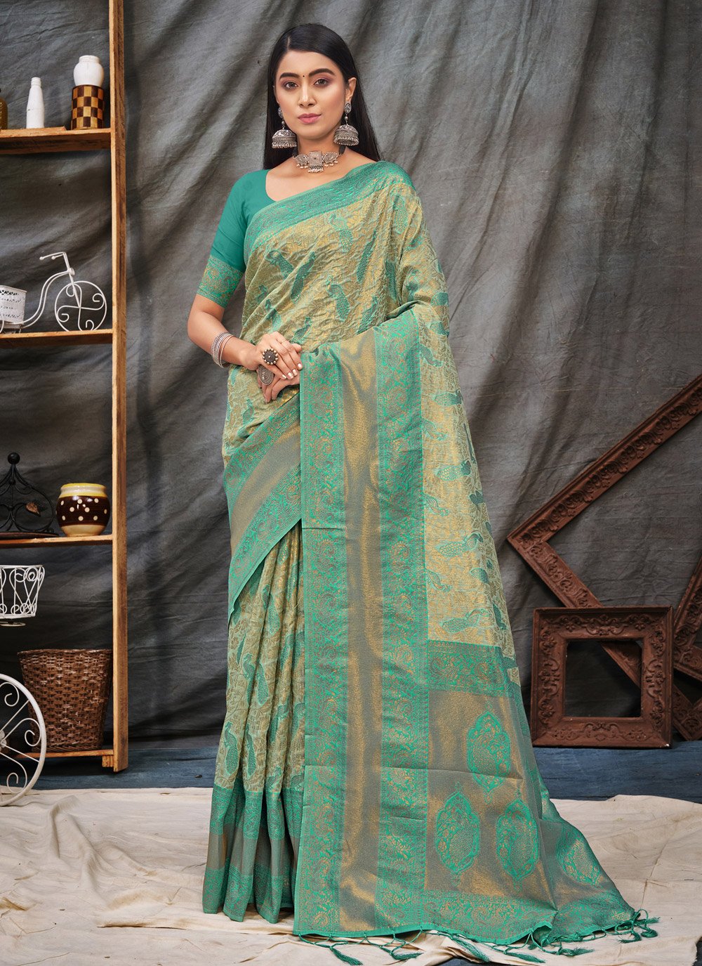 Classic Organza Beige Green Foil Print Saree