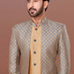 Indo Western Dupion Silk Jacquard Beige Grey Embroidered Mens