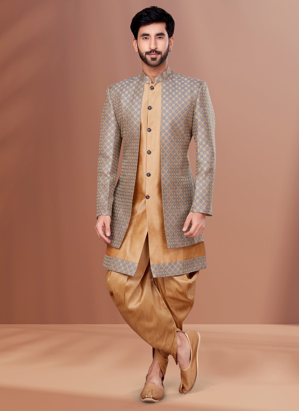 Indo Western Dupion Silk Jacquard Beige Grey Embroidered Mens