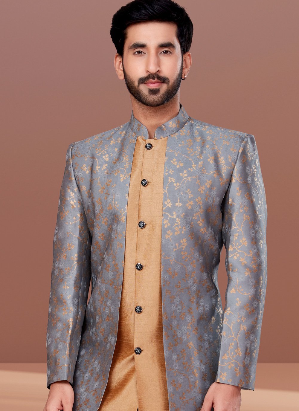 Indo Western Dupion Silk Jacquard Beige Grey Embroidered Mens