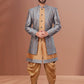 Indo Western Dupion Silk Jacquard Beige Grey Embroidered Mens