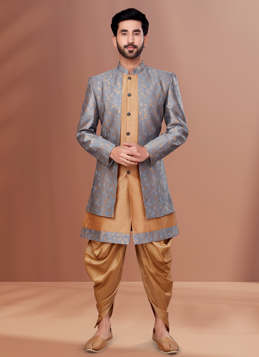 Indo Western Dupion Silk Jacquard Beige Grey Embroidered Mens