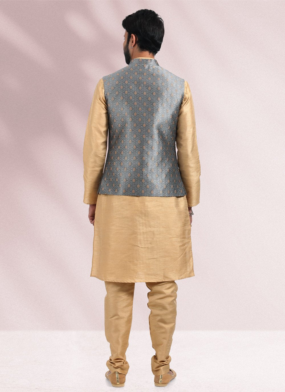 Kurta Payjama With Jacket Banarasi Silk Jacquard Beige Grey Jacquard Work Mens