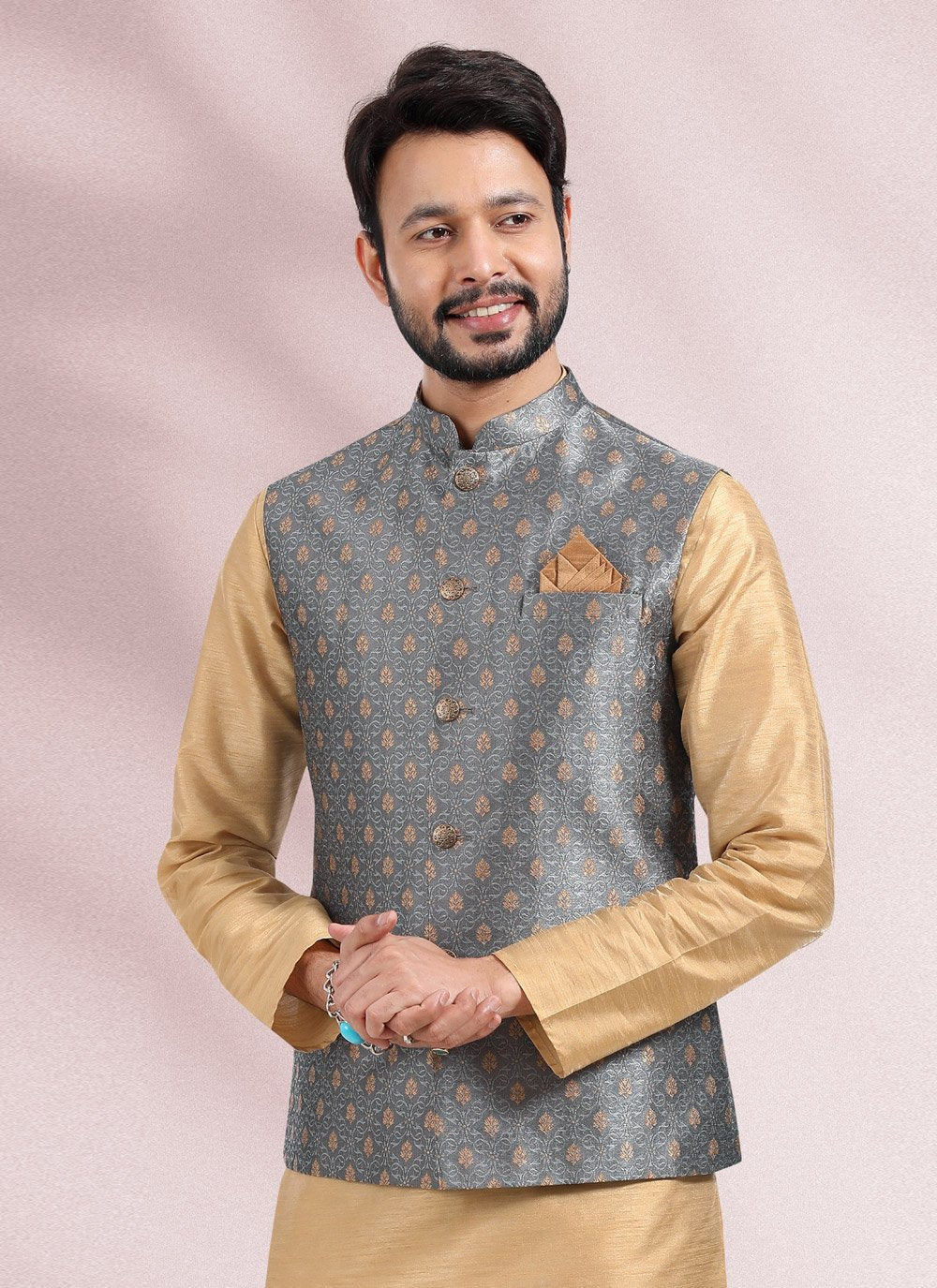 Kurta Payjama With Jacket Banarasi Silk Jacquard Beige Grey Jacquard Work Mens