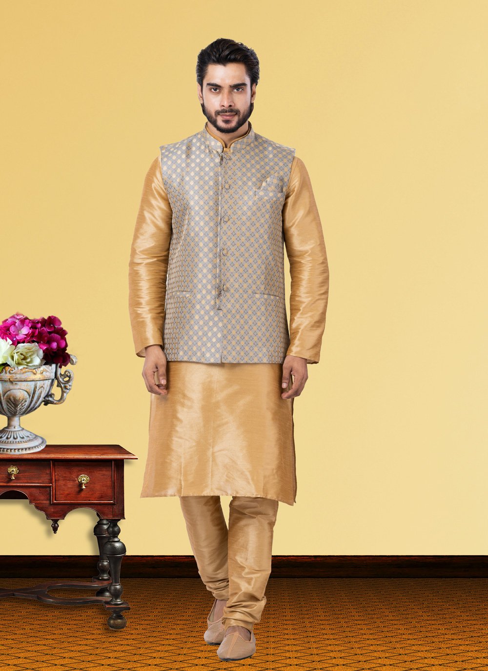 Kurta Payjama With Jacket Dupion Silk Beige Grey Jacquard Work Mens