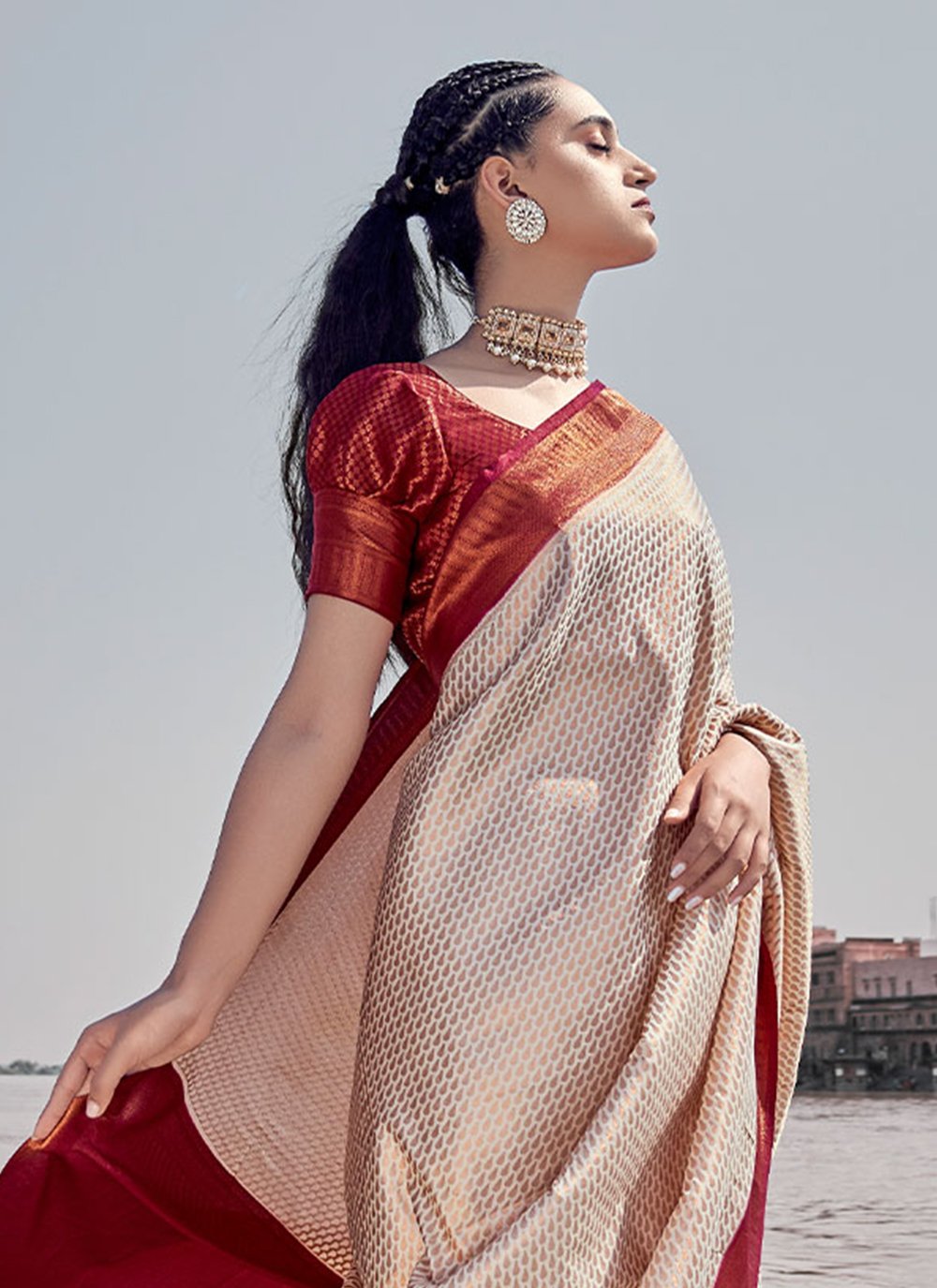 Classic Silk Beige Maroon Weaving Saree