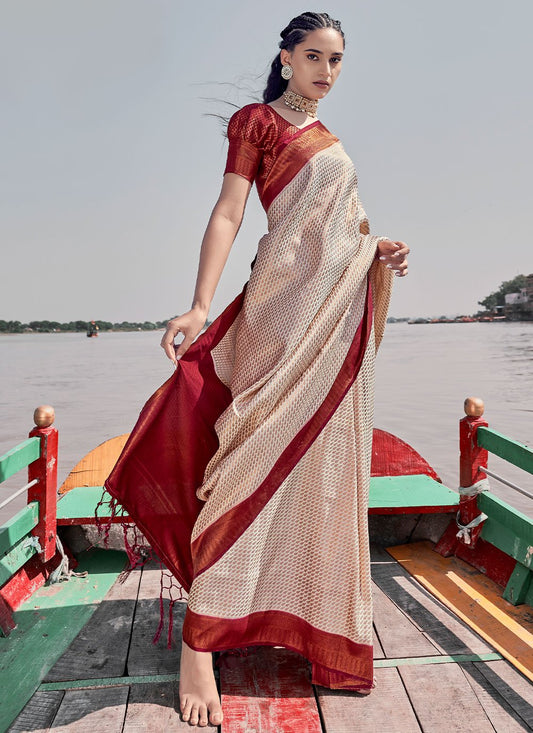 Classic Silk Beige Maroon Weaving Saree