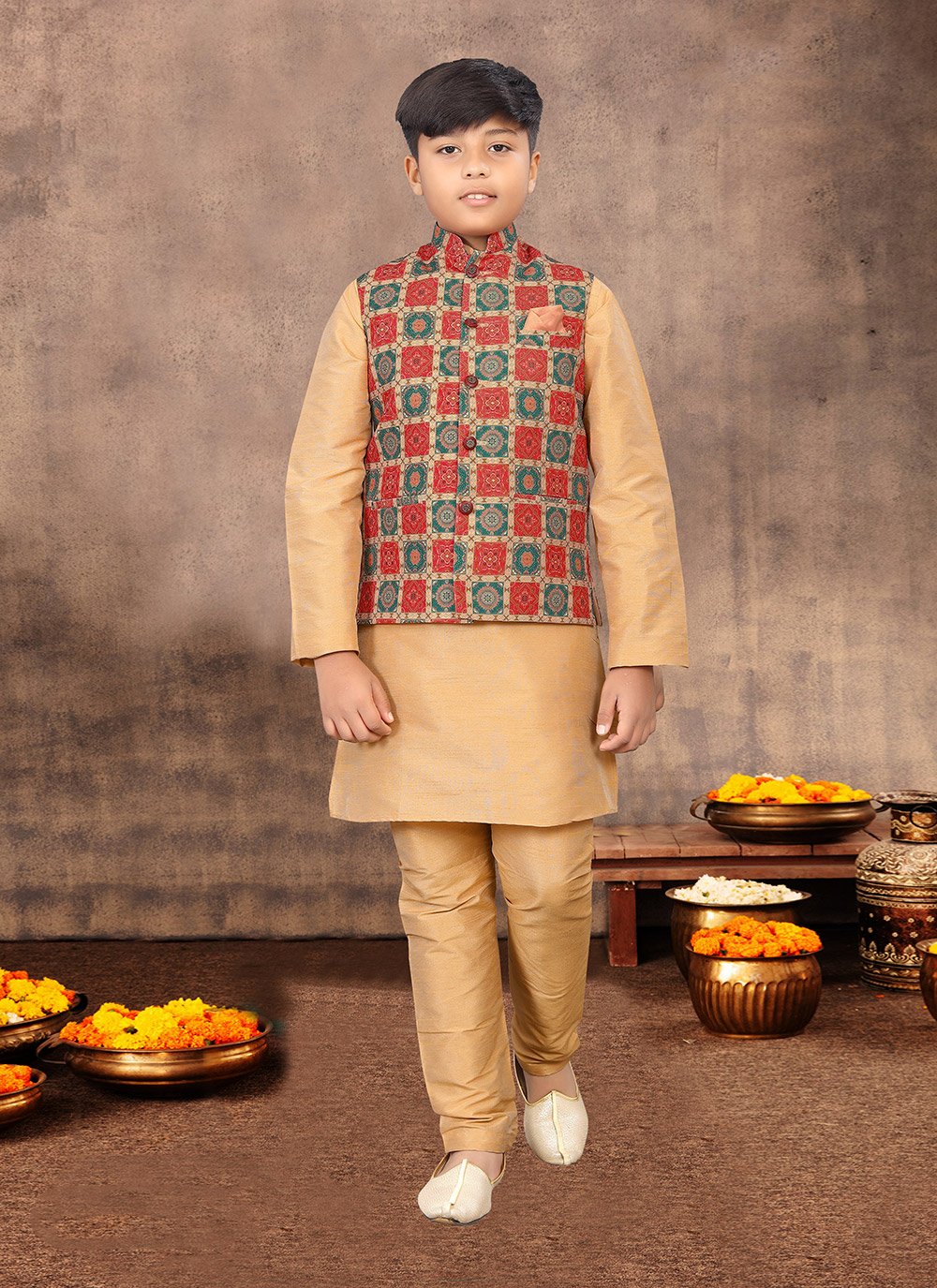 Kurta Payjama With Jacket Silk Beige Multi Colour Digital Print Kids