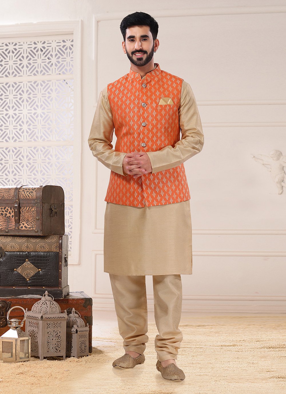 Kurta Payjama With Jacket Silk Beige Orange Embroidered Mens