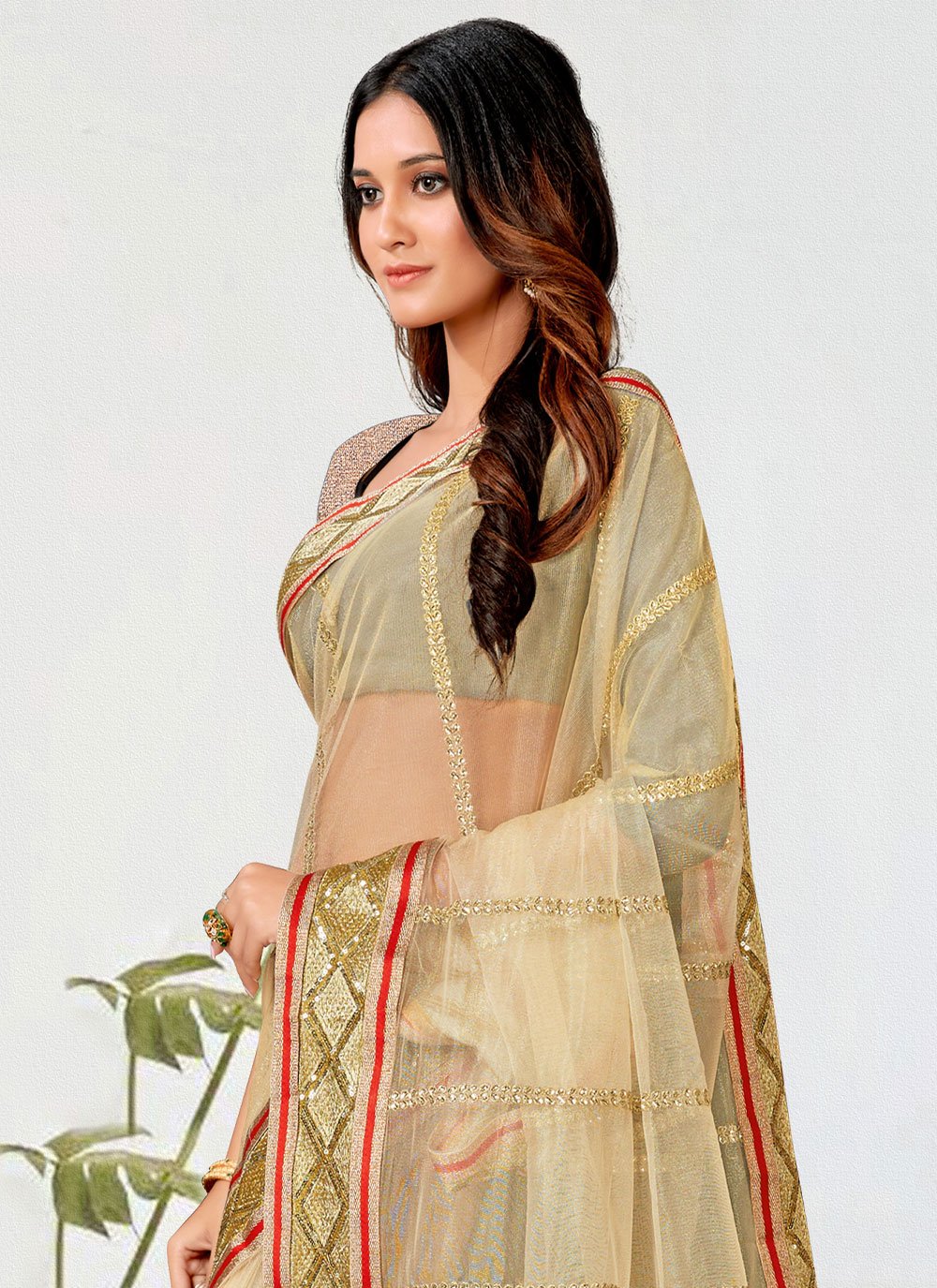 Classic Net Beige Orange Embroidered Saree