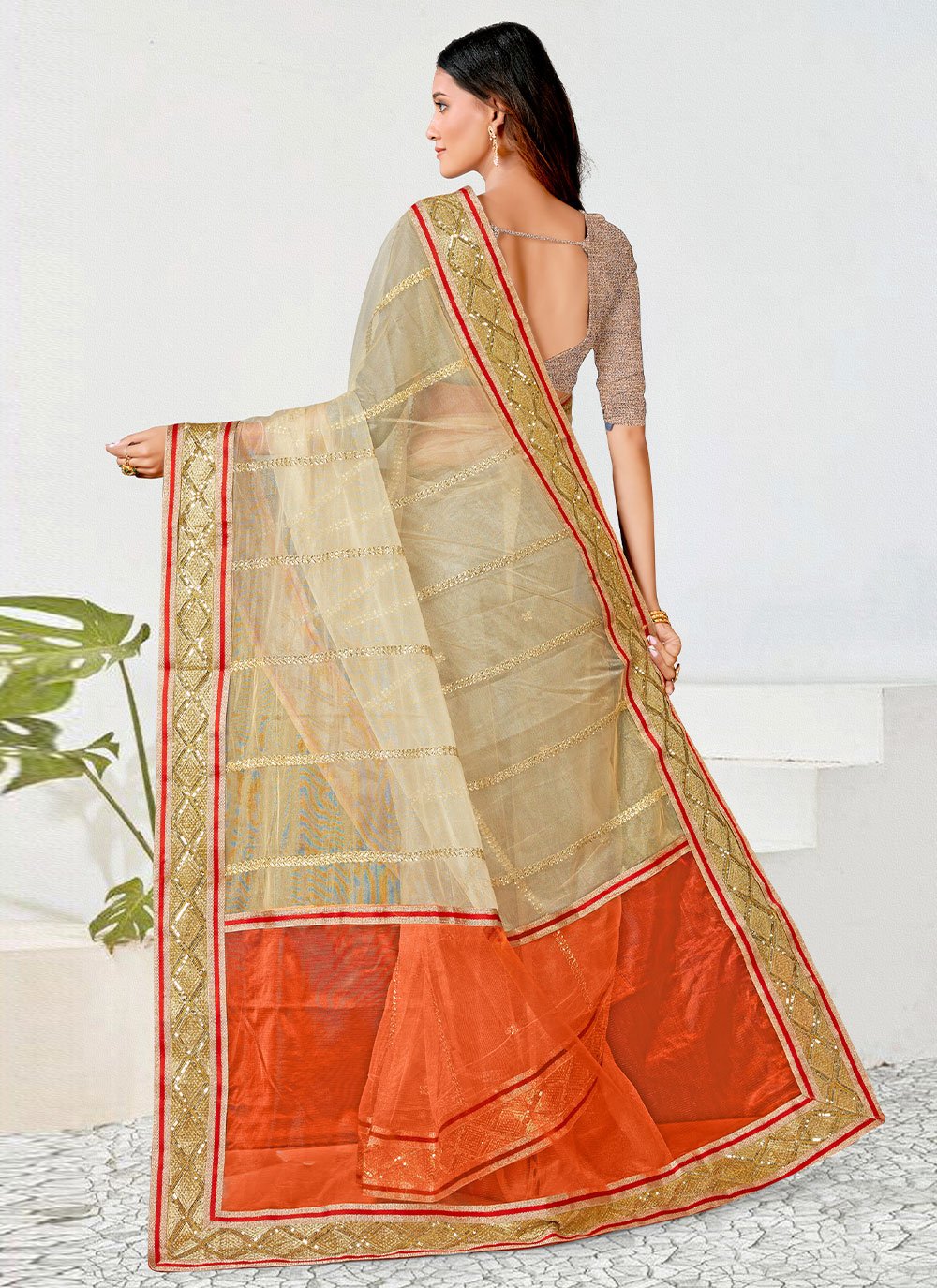 Classic Net Beige Orange Embroidered Saree