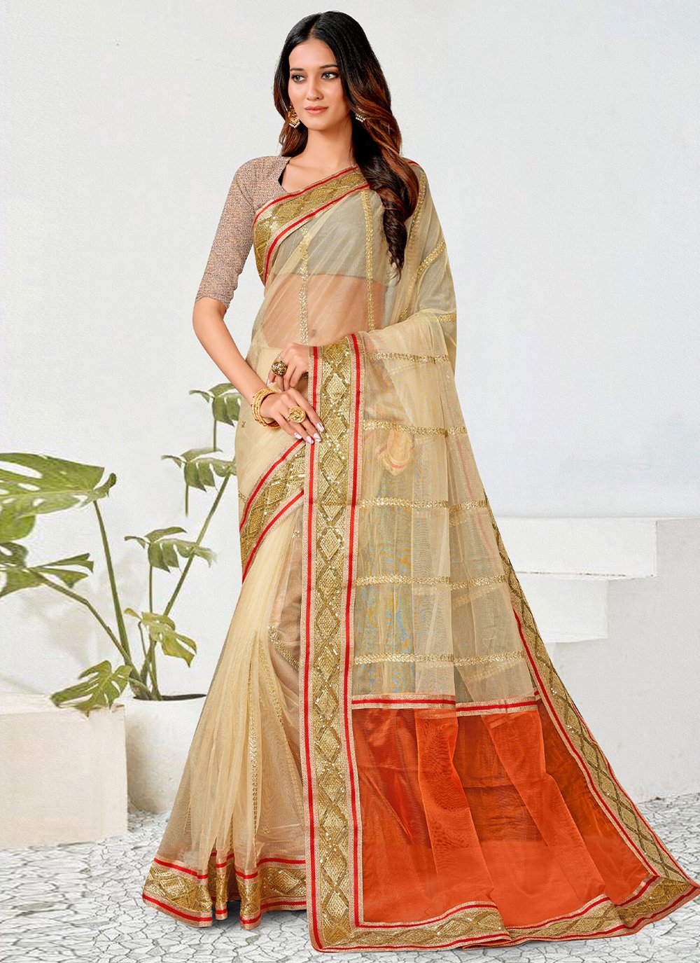 Classic Net Beige Orange Embroidered Saree