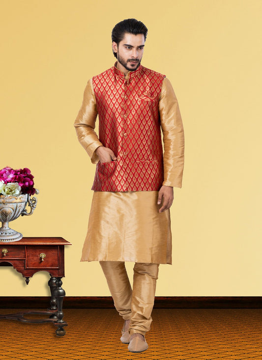 Kurta Payjama With Jacket Dupion Silk Beige Red Jacquard Work Mens