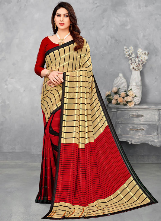 Contemporary Satin Silk Beige Red Print Saree