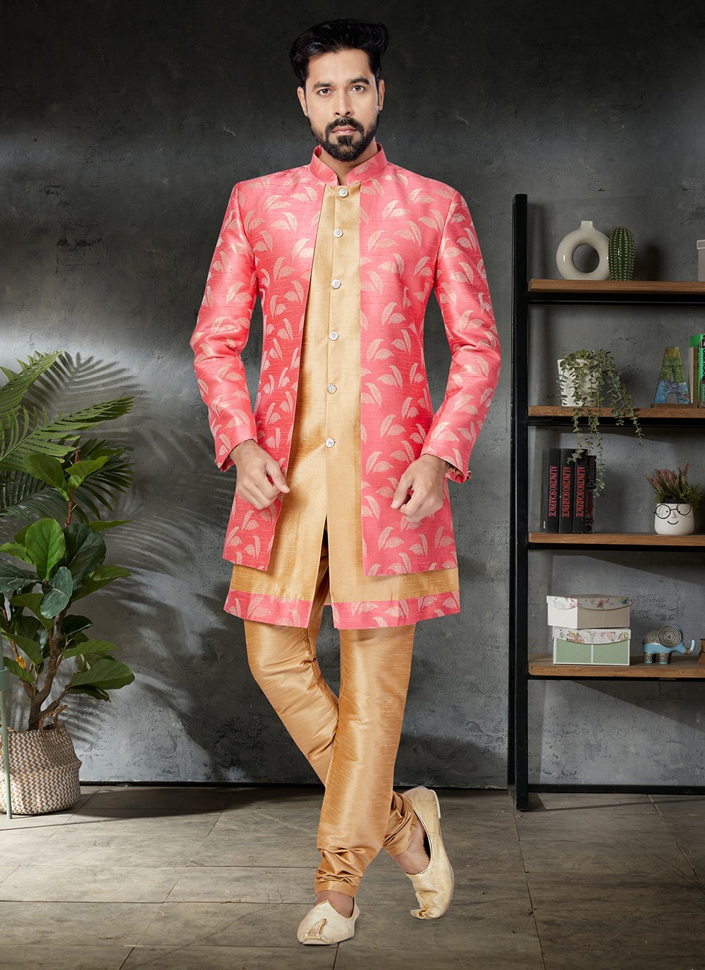 Indo Western Dupion Silk Jacquard Silk Beige Pink Embroidered Mens