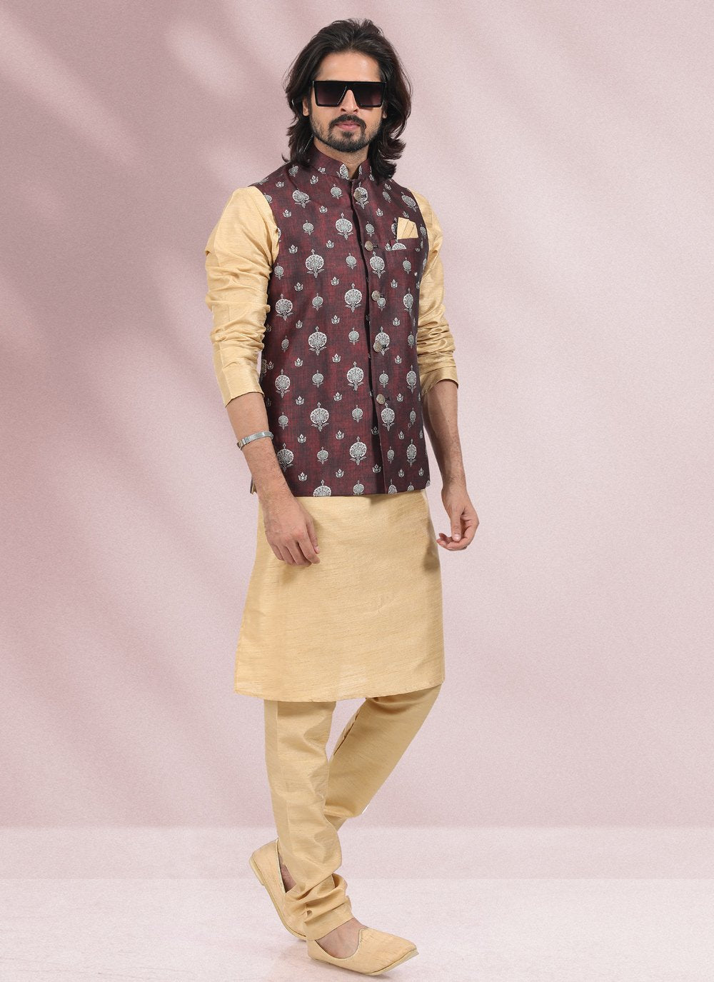 Kurta Payjama With Jacket Banarasi Silk Beige Wine Print Mens