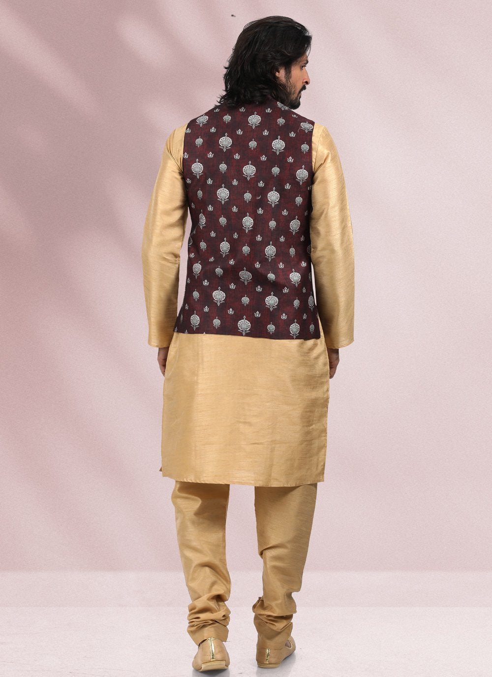 Kurta Payjama With Jacket Banarasi Silk Beige Wine Print Mens
