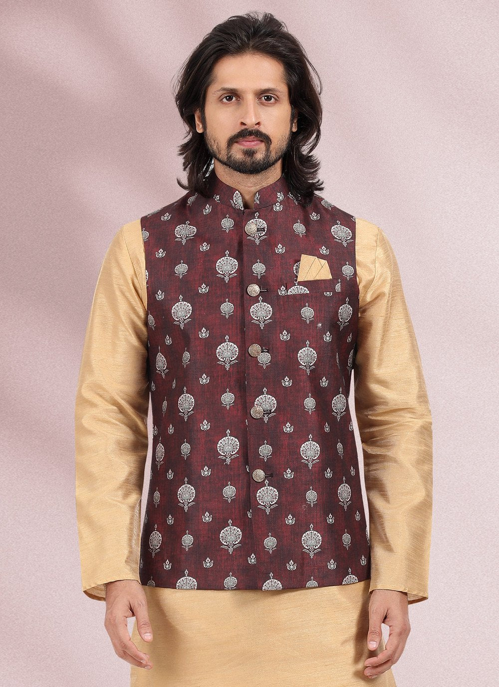 Kurta Payjama With Jacket Banarasi Silk Beige Wine Print Mens