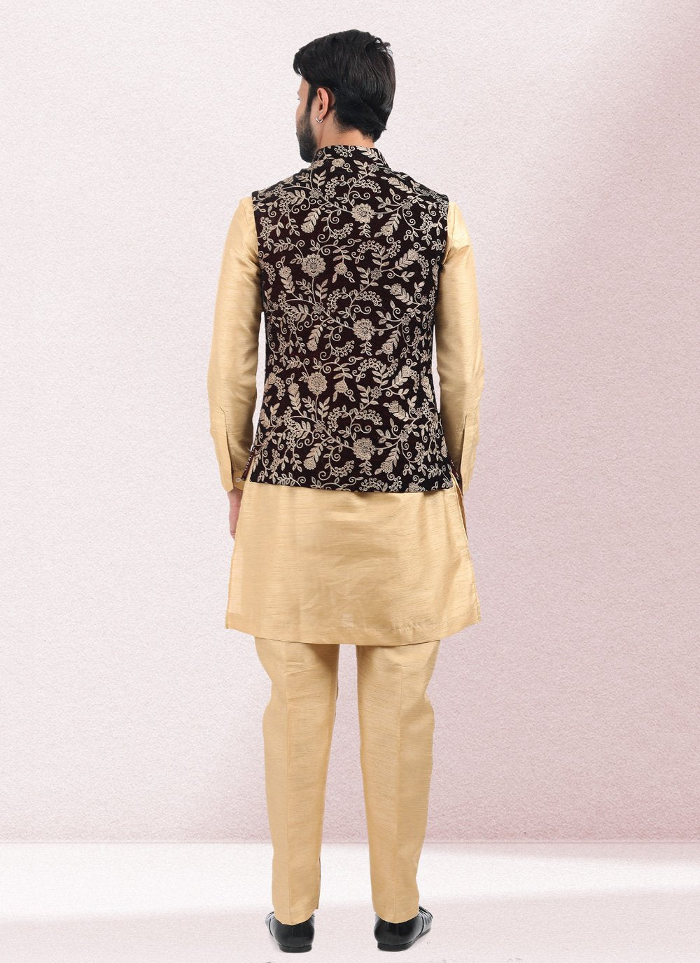 Kurta Payjama With Jacket Art Banarasi Silk Beige Wine Thread Mens