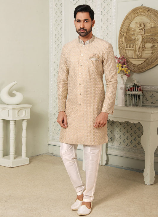 Indo Western Art Silk Beige Embroidered Mens