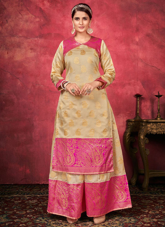 Palazzo Salwar Suit Art Silk Beige Woven Salwar Kameez