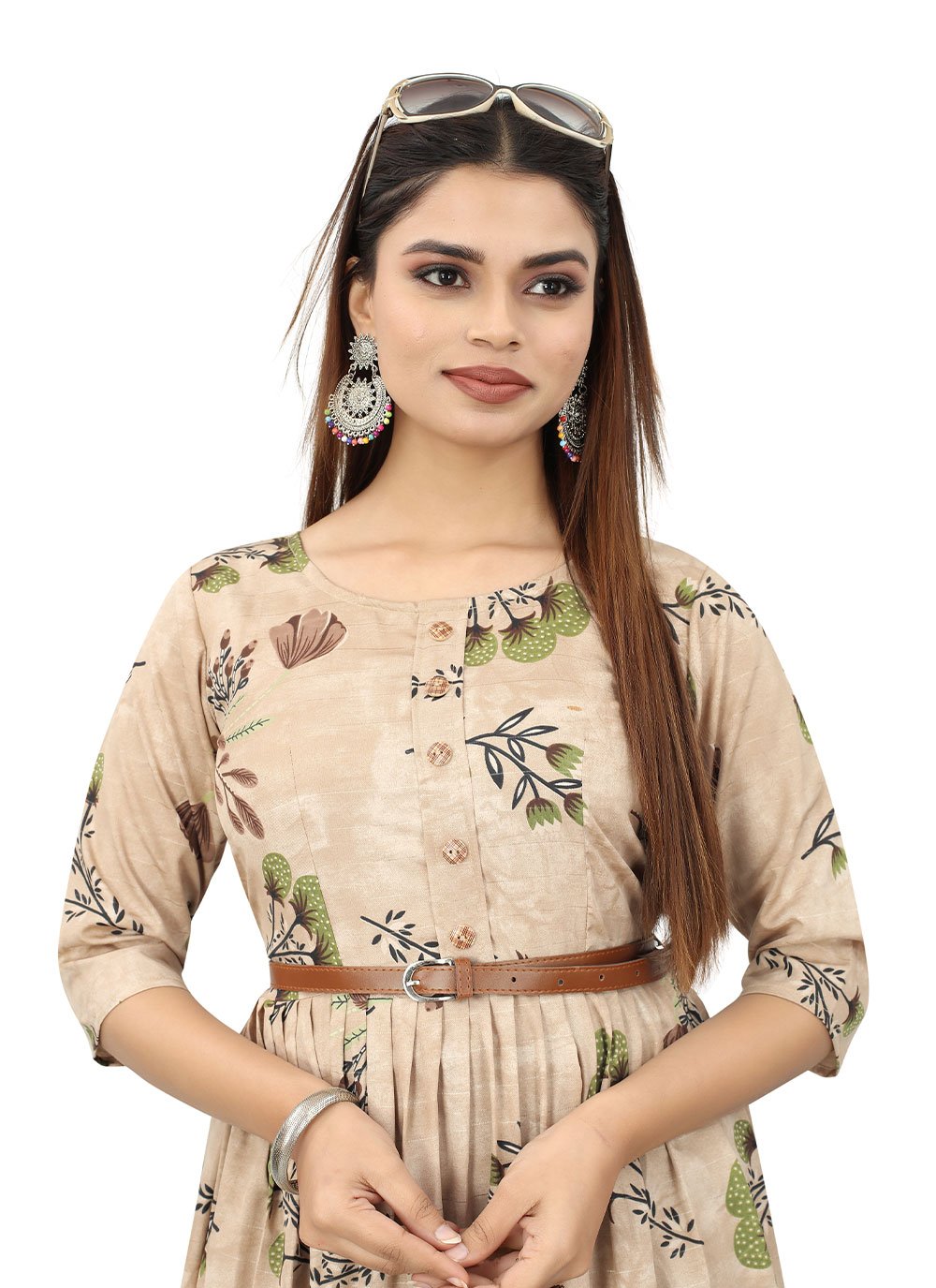 Gown Faux Crepe Beige Print Gown