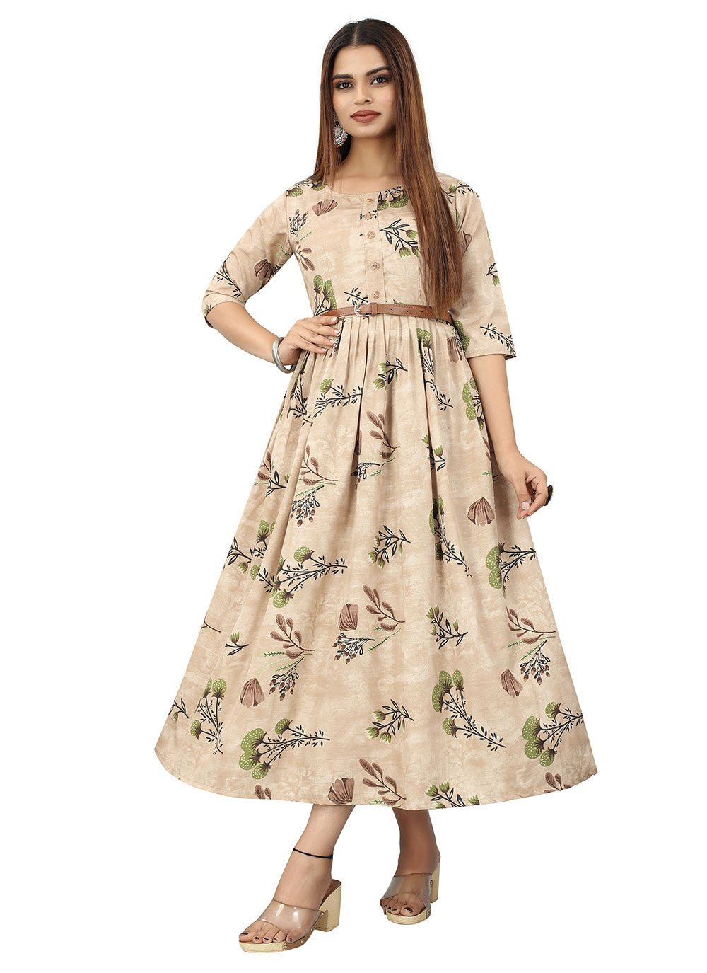 Gown Faux Crepe Beige Print Gown