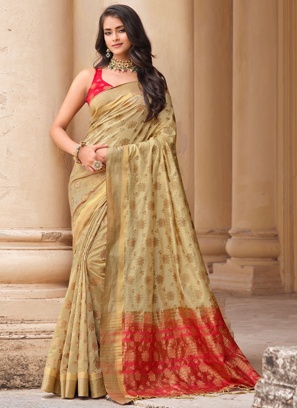 Contemporary Raw Silk Beige Woven Saree