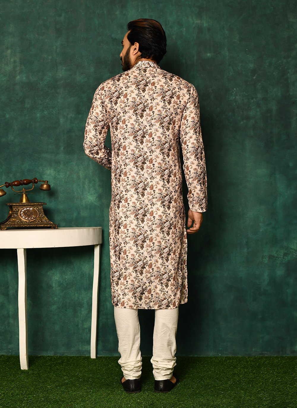 Kurta Pyjama Cotton Beige Print Mens