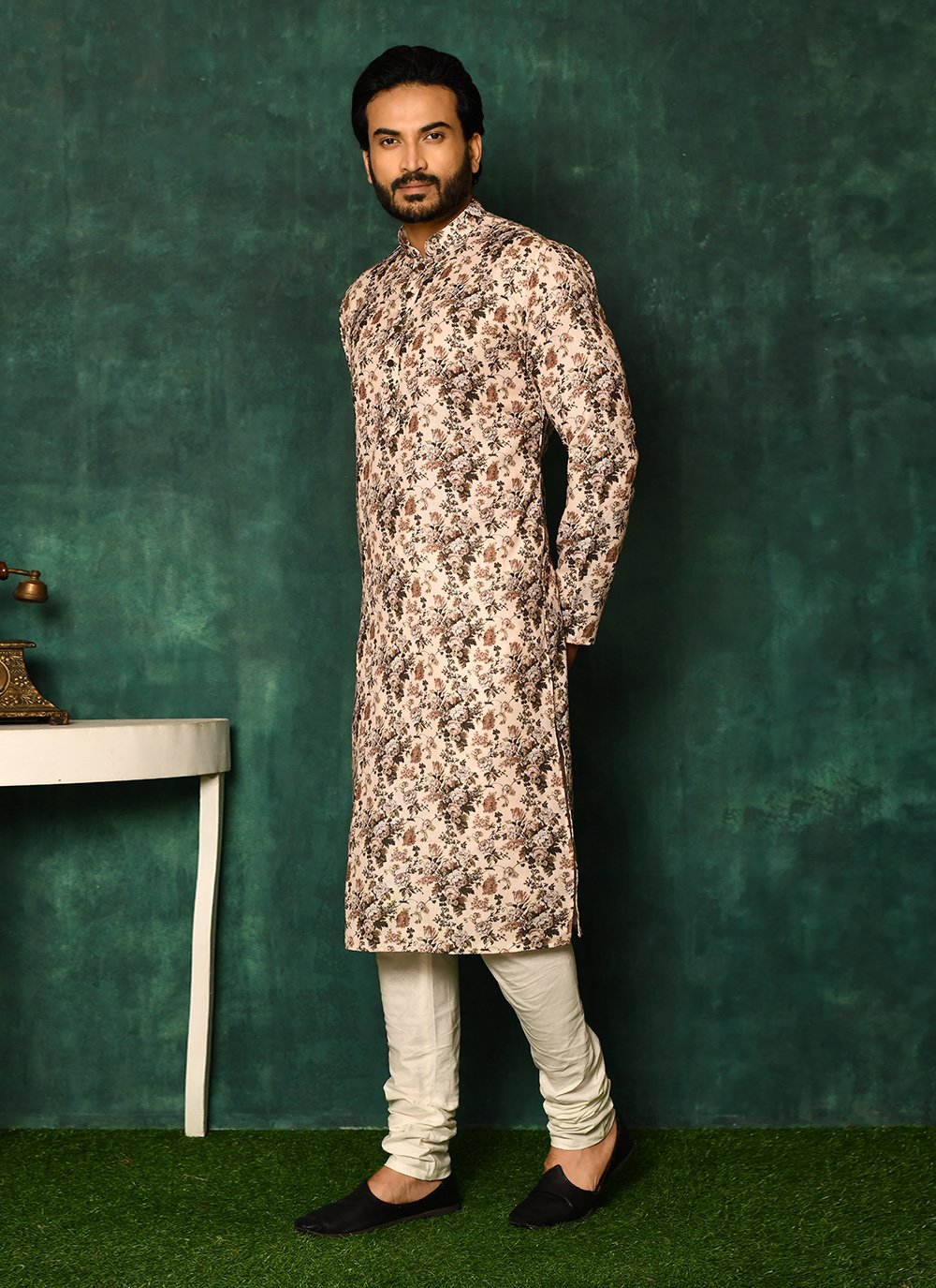 Kurta Pyjama Cotton Beige Print Mens