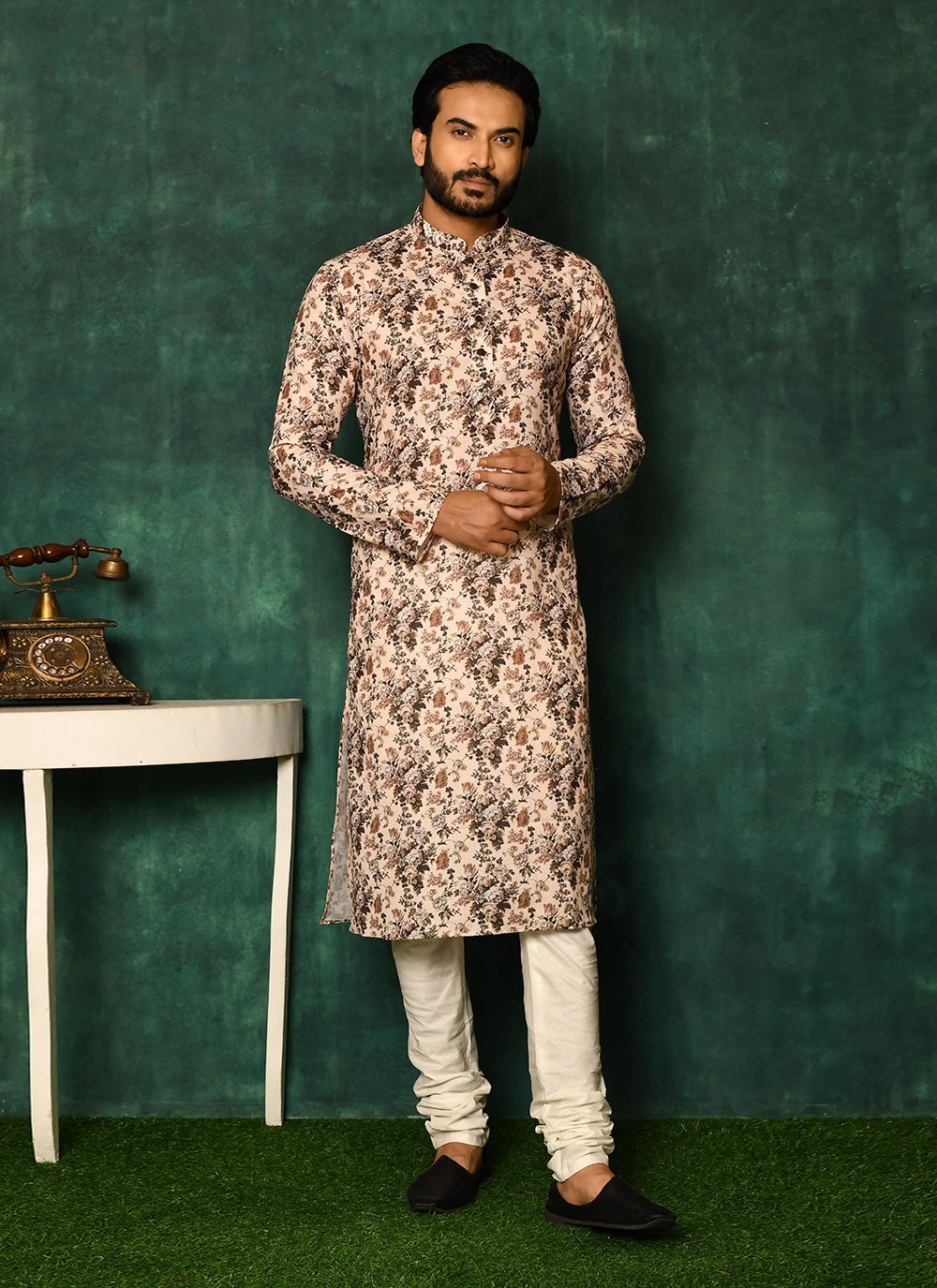 Kurta Pyjama Cotton Beige Print Mens