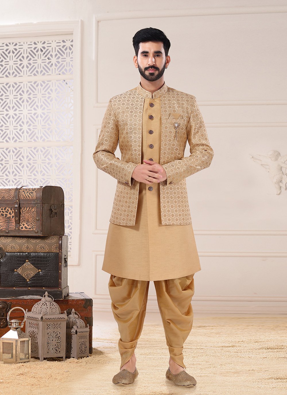 Indo Western Sherwani Jacquard Silk Beige Embroidered Mens